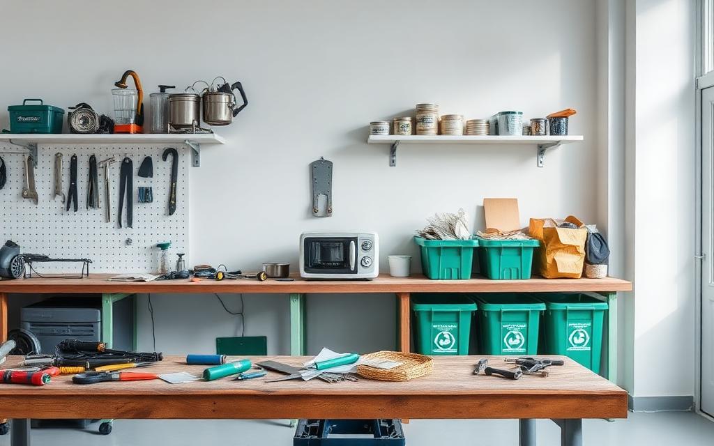 Repair workbench with tools and sorted recycling bins