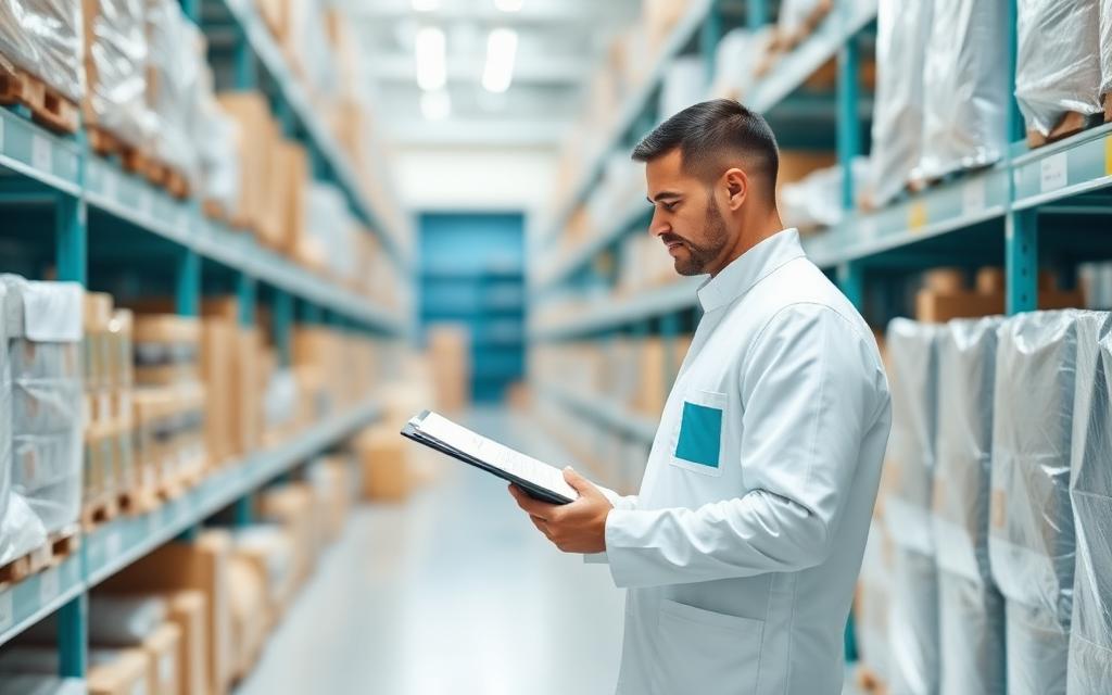 Inspector reviewing packaged products in a bright warehouse aisle