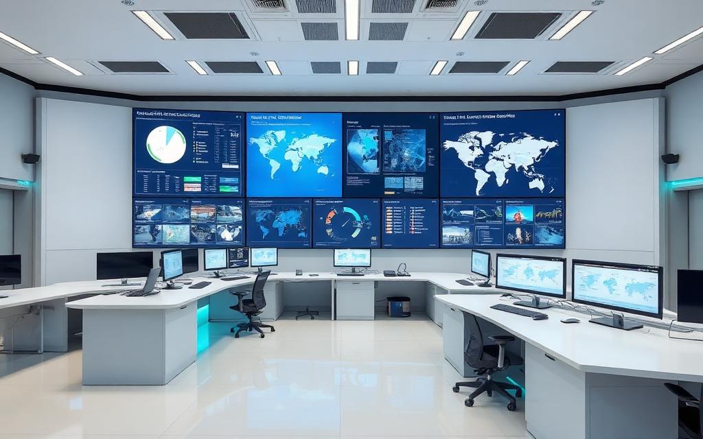 Supply chain control room with wall of dashboard screens