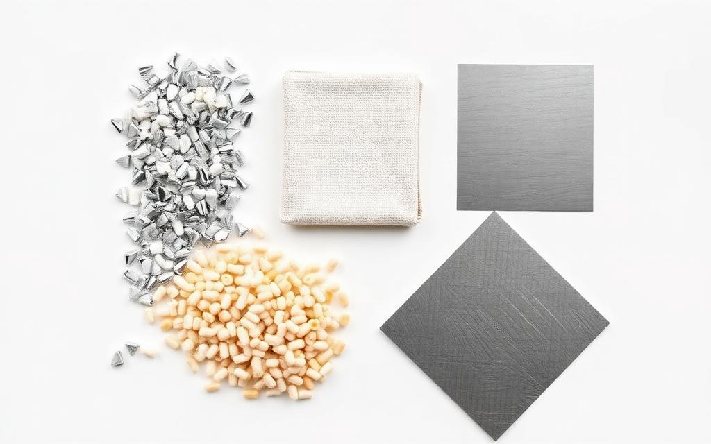 Flat lay of aluminium, fabric, plastic and steel material samples