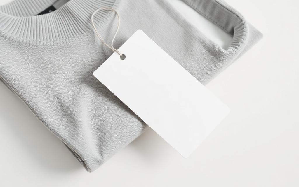 Blank product hang tag attached to a folded grey garment
