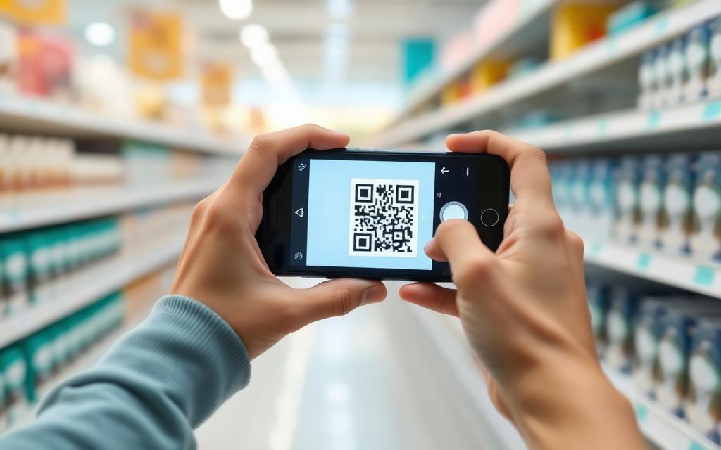 Shopper scanning a product QR code with a smartphone in a store aisle
